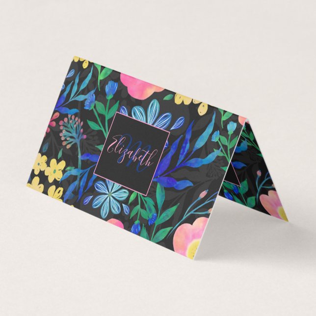 Pretty Girly Pink Blue Floral Grey design Business Card (Front)