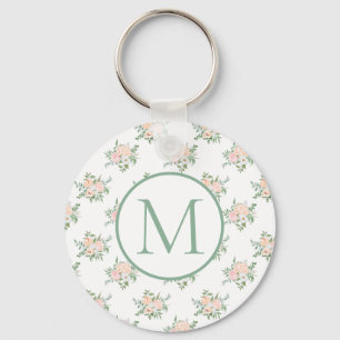 Pretty Girly Pink Floral Monogram Key Ring