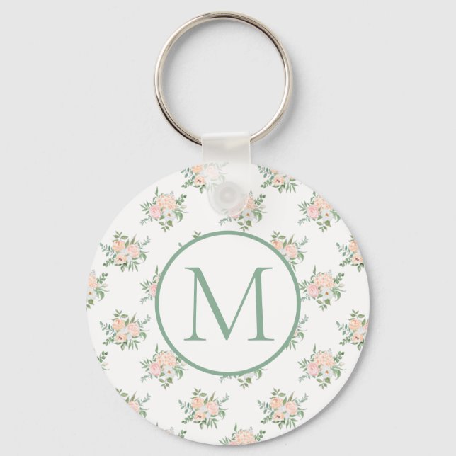 Pretty Girly Pink Floral Monogram  Key Ring (Front)