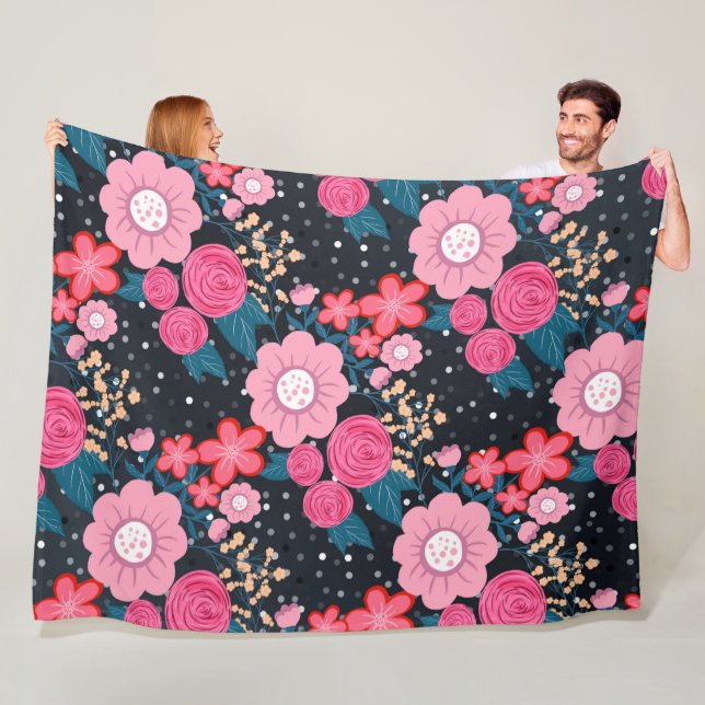 Pretty girly pink Floral Silver Dots Grey design Fleece Blanket (In Situ)