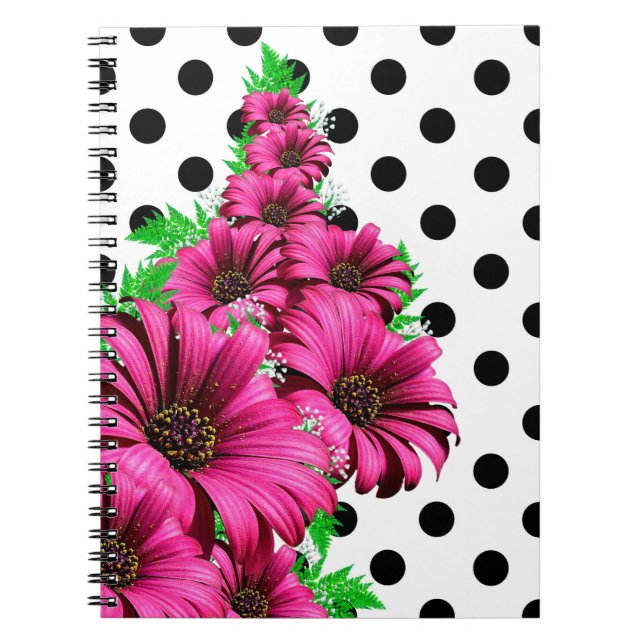 Pretty Girly Pink Flowers Polka Dot Notebook (Front)