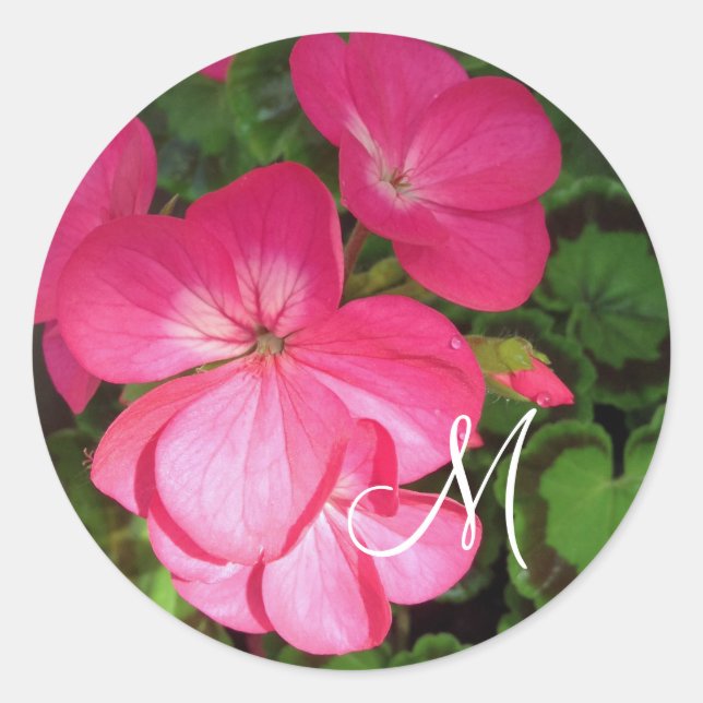 Pretty Girly Pink Geranium Photo Monogram  Classic Round Sticker (Front)
