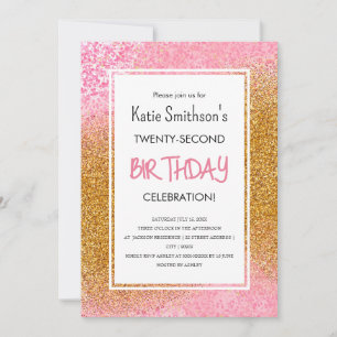Pretty Girly Pink Gold Glitter Birthday Invitation