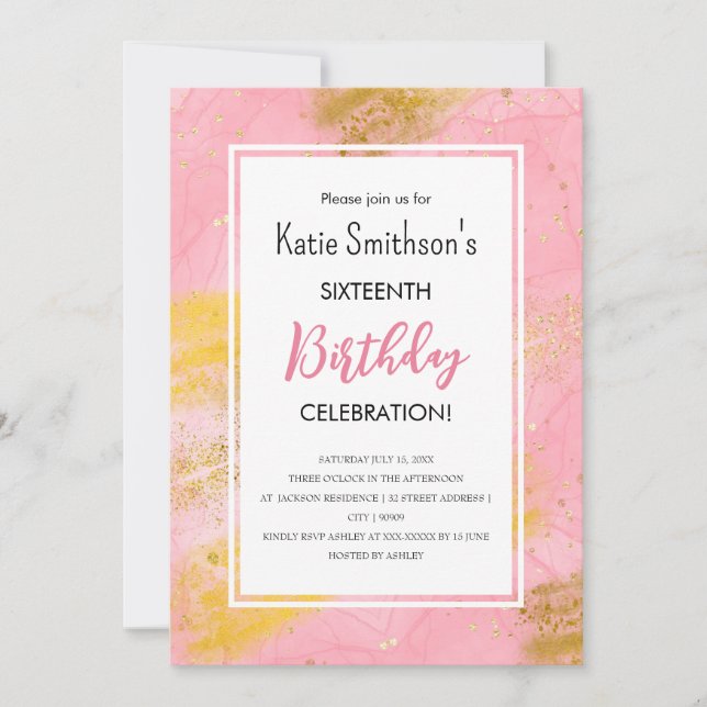 Pretty Girly Pink Gold Glitter Birthday Invitation (Front)