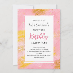 Pretty Girly Pink Gold Glitter Birthday Invitation