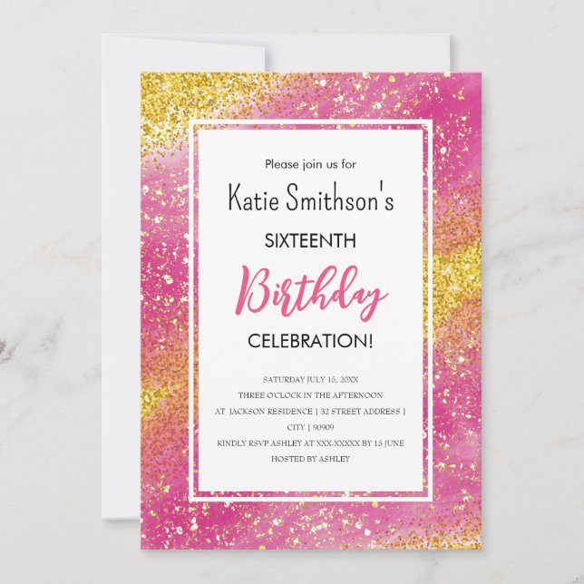 Pretty Girly Pink Gold Glitter Birthday Invitation (Front)