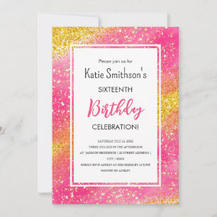 Pretty Girly Pink Gold Glitter Birthday Invitation