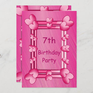 Pretty Girly Pink Hearts Framed 7th Birthday Invitation