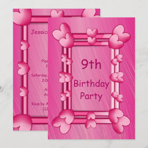 Pretty Girly Pink Hearts Framed 9th Birthday Invitation