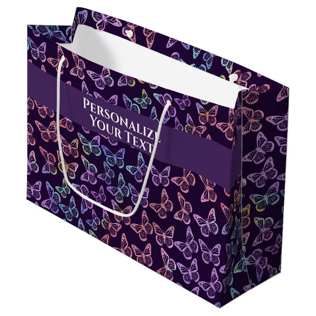 Pretty Girly Purple Butterfly Pattern Personalised Large Gift Bag (Front Angled)