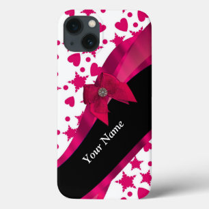 Pretty girly red and white patterned monogram iPhone 13 case