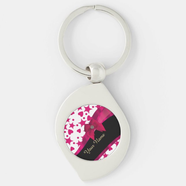 Pretty girly red and white patterned monogram key ring (Front)