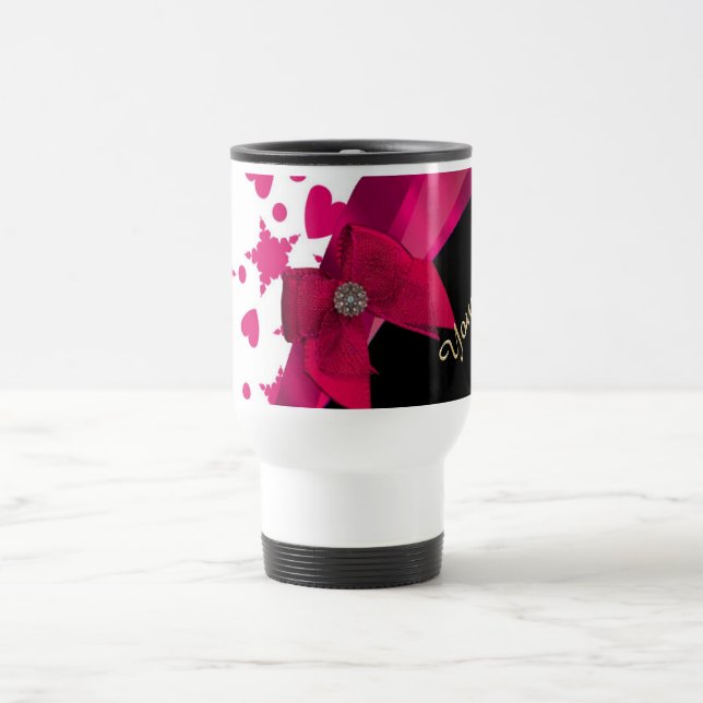 Pretty girly red and white patterned monogram travel mug (Center)