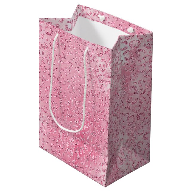 Pretty Girly Sugar Pink Glitter Leopard Medium Gift Bag (Front Angled)