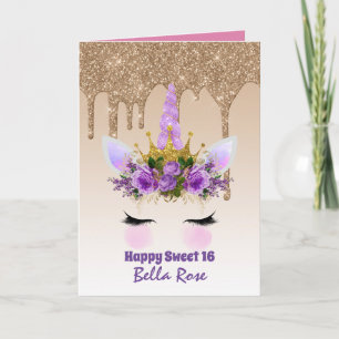 Pretty Girly Sweet16 Glam Glitter Unicorn Face Card