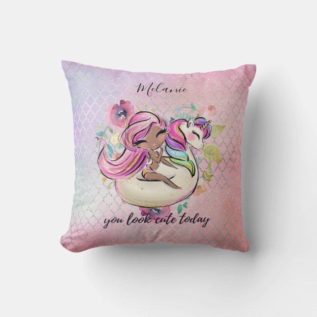 Pretty Girly YOU LOOK CUTE TODAY Unicorn Pink Cushion (Front)