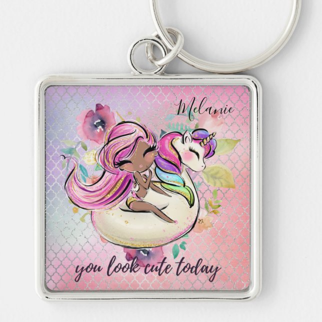 Pretty Girly YOU LOOK CUTE TODAY Unicorn Pink Key Ring (Front)