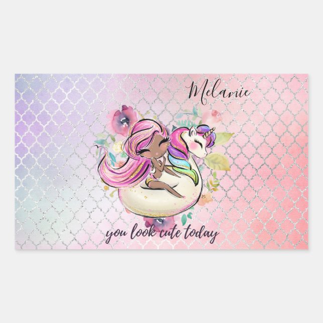 Pretty Girly YOU LOOK CUTE TODAY Unicorn Pink Rectangular Sticker (Front)