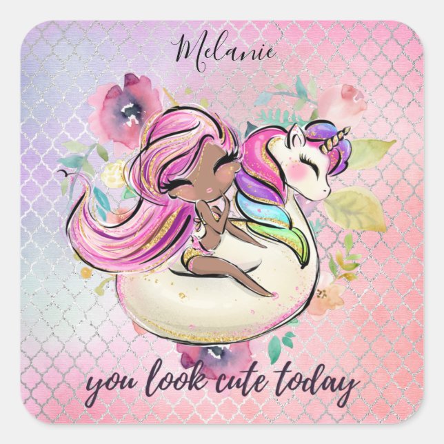 Pretty Girly YOU LOOK CUTE TODAY Unicorn Pink Square Sticker (Front)