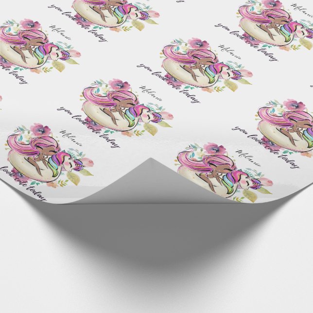 Pretty Girly YOU LOOK CUTE TODAY Unicorn Pink Wrapping Paper (Corner)