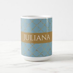 Pretty Glacial Blue Gold Quatrefoil Personalised Coffee Mug