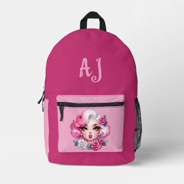Pretty Glam Girl with Pink Hair & Roses Initials Printed Backpack (Front)