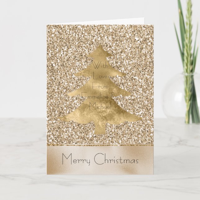 Pretty Glam Gold Glitter Personalized Christmas Card (Front)