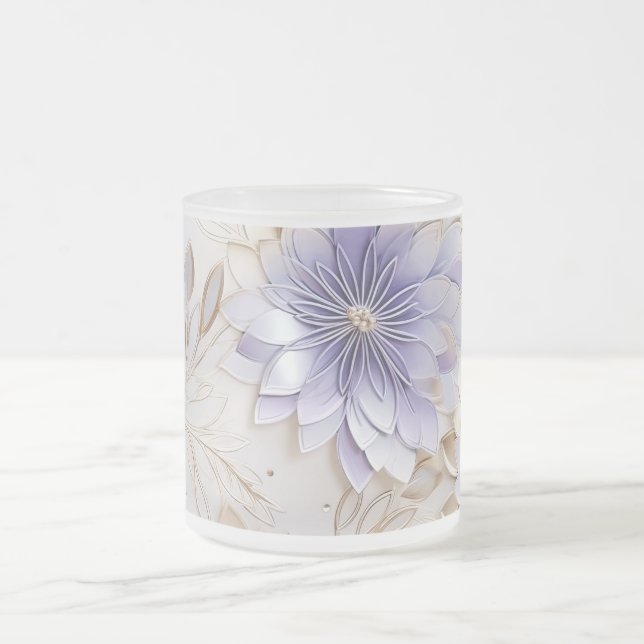 Pretty Glam Gold Purple Pearl White Floral Frosted Glass Coffee Mug (Center)
