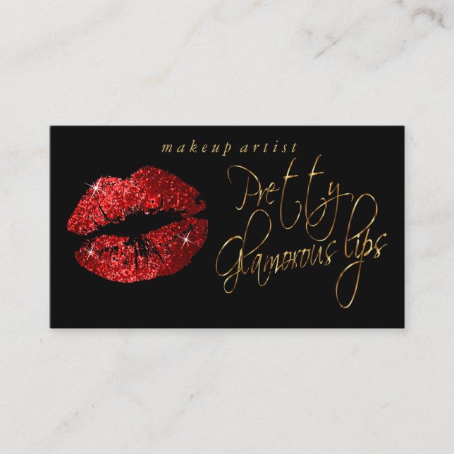 Pretty Glamourous Lips - Red Glitter and Gold Business Card (Front)