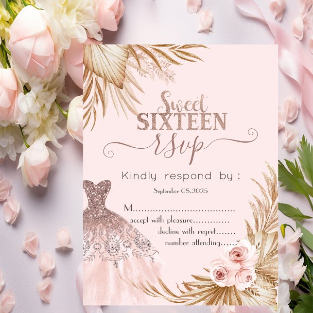 Pretty Glitter Dress,Pampas, Pink Sweet 16 RSVP Invitation (Creator Uploaded)