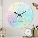 Pretty Glitter Holographic Iridescent Girly Round Clock<br><div class="desc">A trendy pretty chic bokeh glitter background in beautiful pastel colours. You can easily personalise with your custom monogram and/or name.</div>