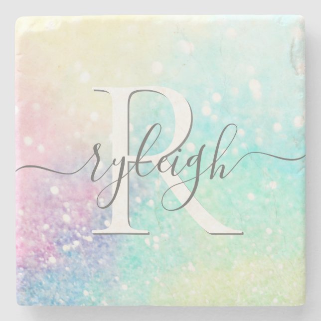 Pretty Glitter Holographic Iridescent Girly Stone Coaster (Front)