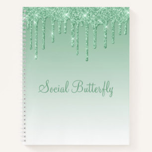 Pretty Glitter Mint Green Script Social Butterfly Notebook