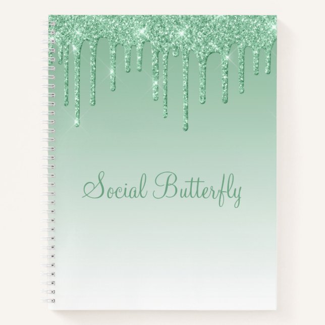 Pretty Glitter Mint Green Script Social Butterfly Notebook (Front)
