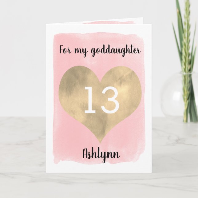 Pretty Gold and Pink 13th Birthday Goddaughter Card (Front)