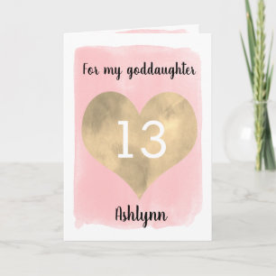 Pretty Gold and Pink 13th Birthday Goddaughter Card