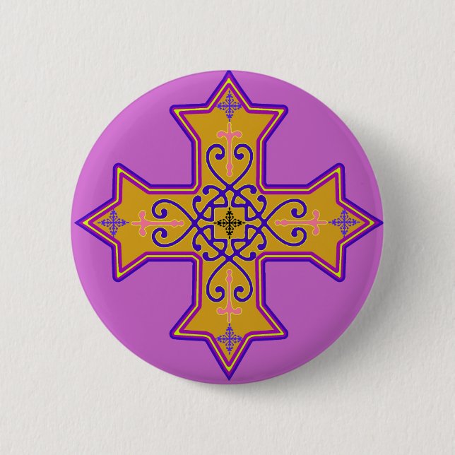 Pretty Gold and Pink Coptic Cross 6 Cm Round Badge (Front)