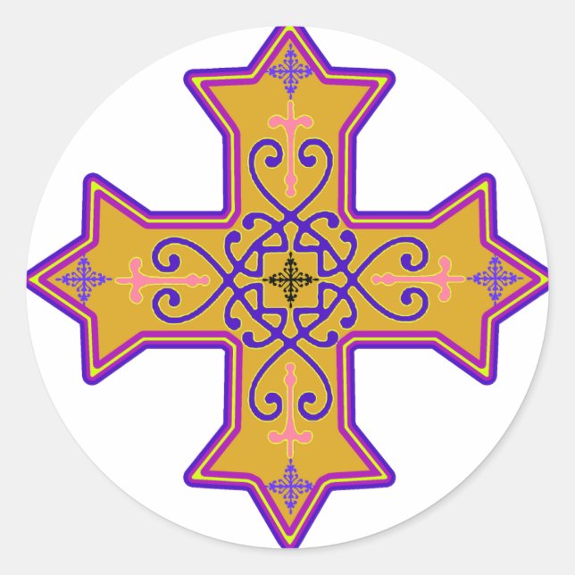 Pretty Gold and Pink Coptic Cross Classic Round Sticker (Front)