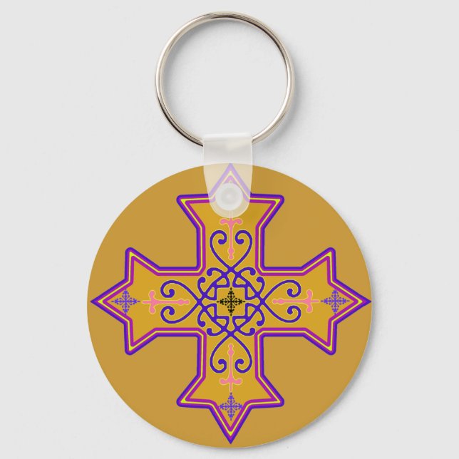 Pretty Gold and Pink Coptic Cross Key Ring (Front)