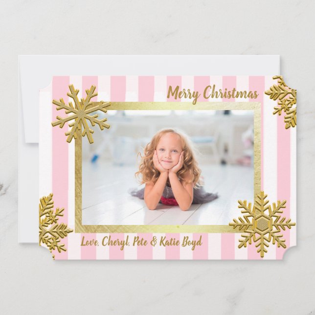 Pretty Gold and Pink Custom Photo Christmas Invitation (Front)