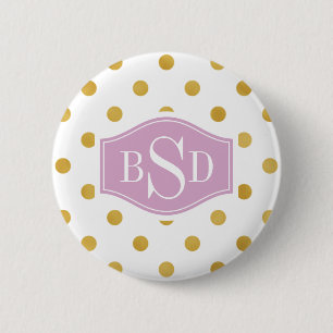 Pretty gold and white polka dots patterns monogram 6 cm round badge