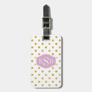 Pretty gold and white polka dots patterns monogram luggage tag