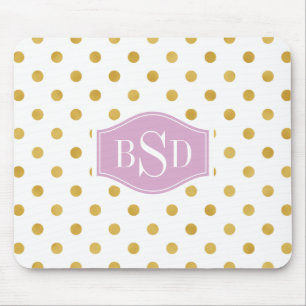 Pretty gold and white polka dots patterns monogram mouse mat