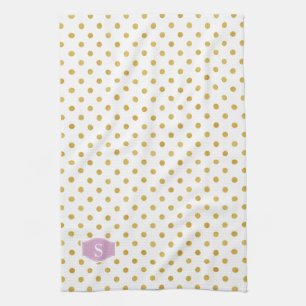 Pretty gold and white polka dots patterns monogram tea towel