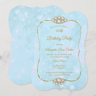 Pretty Gold Blue Diamond Birthday Party Invitation