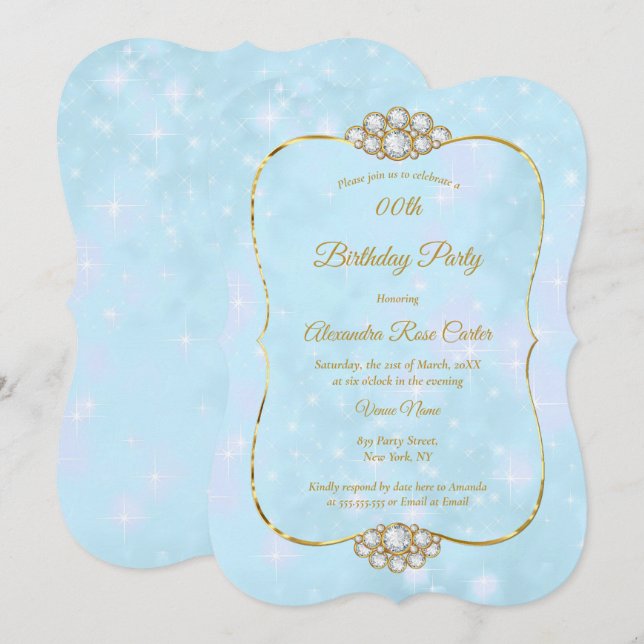 Pretty Gold Blue Diamond Birthday Party Invitation (Front/Back)