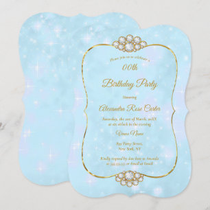 Pretty Gold Blue Diamond Birthday Party Invitation