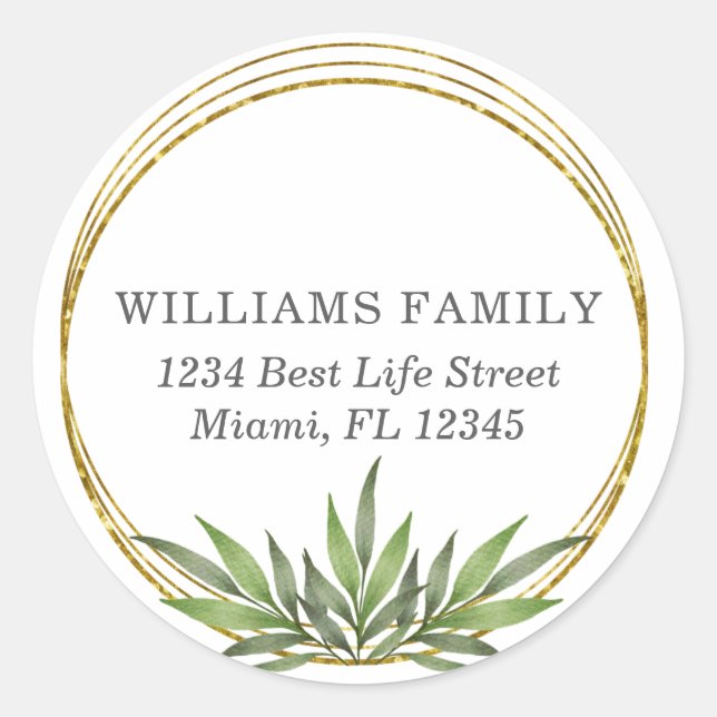 Pretty Gold & Botanical Greenery Return Address Classic Round Sticker (Front)