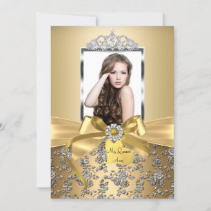 Pretty Gold Bow & Silver Rose Photo Quinceanera Invitation