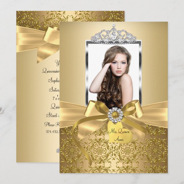 Pretty Gold Bow & Tiara Quinceanera Invitation (Front/Back)